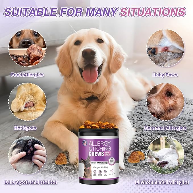 Dog Allergy Chews - Dog Allergy and Itching Skin Relief Anti Itch Aller Immune Bites for Dogs Licking Paws Relief Itchy Chew Probiotics Vitamins for Skin and Coat Allergies - (Chicken, 200 Ct)