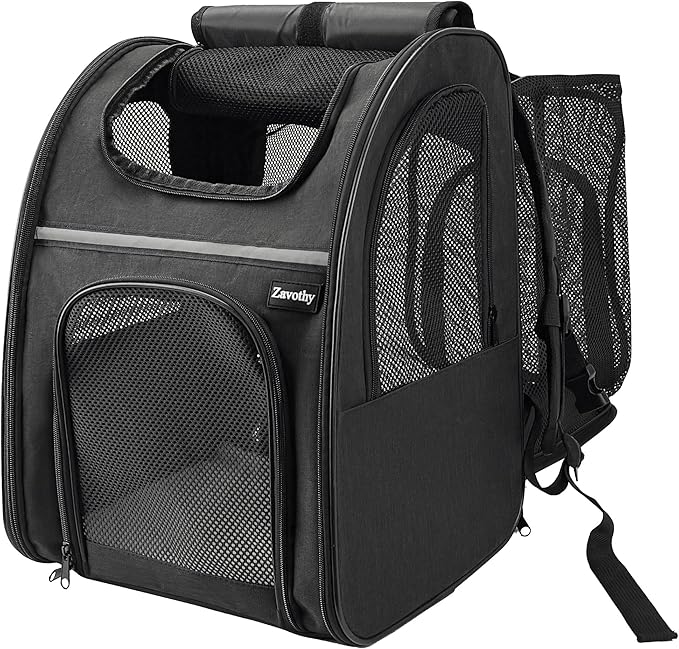 Zavothy Cat Backpack Carrier, Expandable Airline Approved Pet Backpack for Small Cats & Dogs, Breathable Mesh Cat Carrier Backpack with Padded Bottom, Foldable Travel Bag – Black
