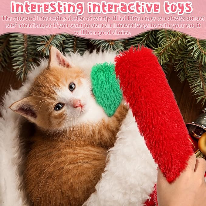 Civaner 6 Pcs Christmas Cat Catnip Toy for Indoor Cat 10.6 Inch Kitten Kicker Stick Catnip Toy with Crinkle Sound Inside Interactive Red Green White Plush Kitten Pillow for Chew Exercise