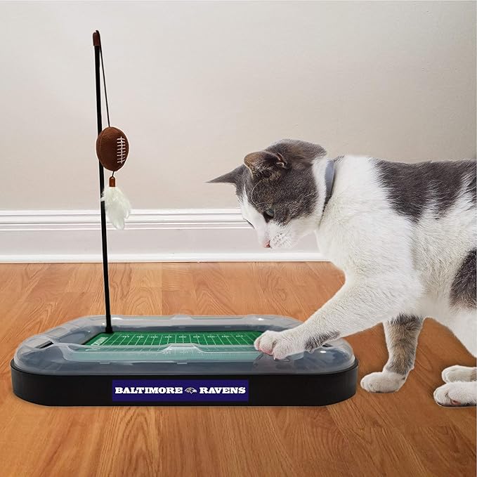 Pets First NFL BALTIMORE RAVENS FOOTBALL FIELD CAT SCRATCHER TOY with CATNIP Filled Plush FOOTBALL Toy & Feather Cat Toy hanging, with Jingle Bell INTERACTIVE BALL Cat Chasing 5-in-1 KITTY Toy