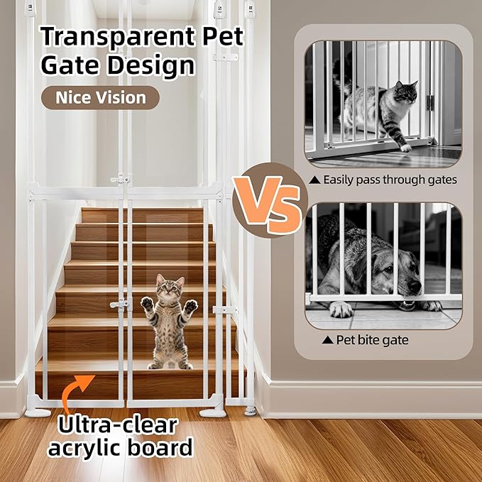 74.80-98.43'' Extra Tall Cat Gate, Adjustable 33.86” and 35.80" Wide, Transparent Full Door Pet Gate, Auto Close No Drilling Cat Proof Safety Gate for Doorway Stairs- White