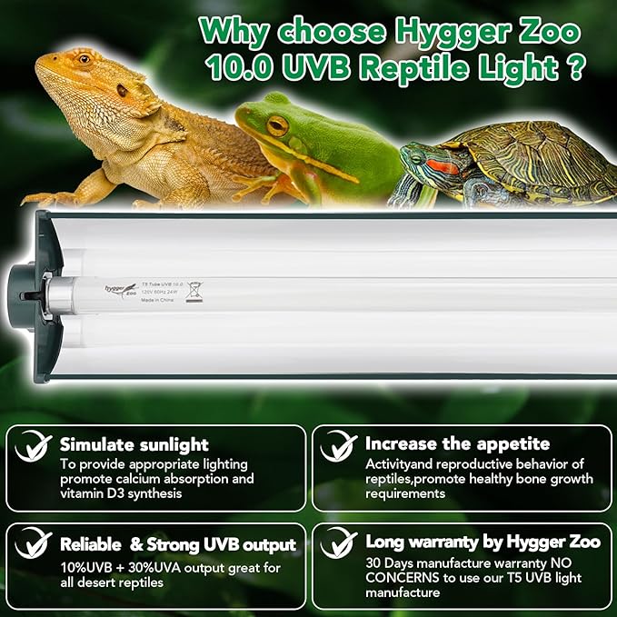T5 Reptile Light Fixture Green Combo Kit 24W Light Fixture Reptile Terrarium Hood 10.0 UVB Light Bulb Fluorescent Tube Ideal for Tropical and Deserts Such as Bearded Dragon Lizards and Tortoises