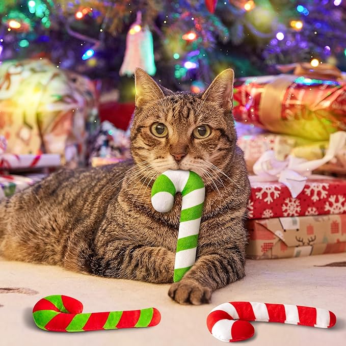 MALLMALL6 3Pcs Christmas Candy Cane Catnip Toys Gift for Cat, Indoor Cat Chew Bite Kick Catmint Pet Toys Supplies for Cat Lover Xmas Gifts, Cute Interactive Cat Toy for Pet Presents (Tricolor)