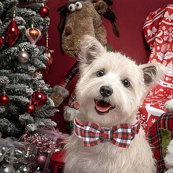 Christmas Dog Collar, Red Plaid Cotton Collars with Bow Adjustable Pet Collar Premium Metal Buckle, Christmas Puppy Necklace for Medium Girl and Boy Dogs