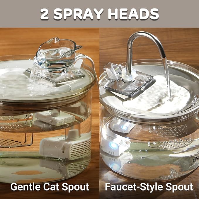 iPettie Glass Cat Water Fountain, Kitty Spout Water Fountain 68oz/2L for Cats Dogs with 2 Spray Heads, 3-Stage Filtration, Automatic Water Dispenser, Glass & Stainless Steel
