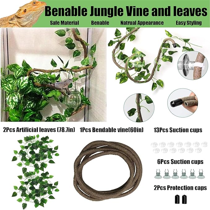 Woyrise 10Pcs Bearded Dragon Tank Accessories, Reptile Hammock Terrarium Plants Jungle Climbing Vines Habitat Decoration for Snakes Bearded Dragon Chameleon Gecko Lizard