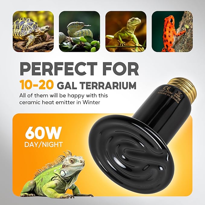 HealSmart 60W Reptile Heat Lamp Ceramic Heat Emitter, No Light Emitting Heat Bulbs, Suitable for Snake/Lizard/Spider, Plant Growth and Incubating Chicken, 2-Pack