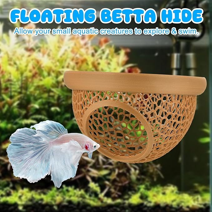 Floating Betta Hide & Shrimp Cave – 3D Printed Aquarium Hammock, Feeder & Rest Spot – Floating Betta Log & Cave Decor for Nano Tanks, Corydoras, Shrimp & Small Fish – Safe PLA, Patent Pending