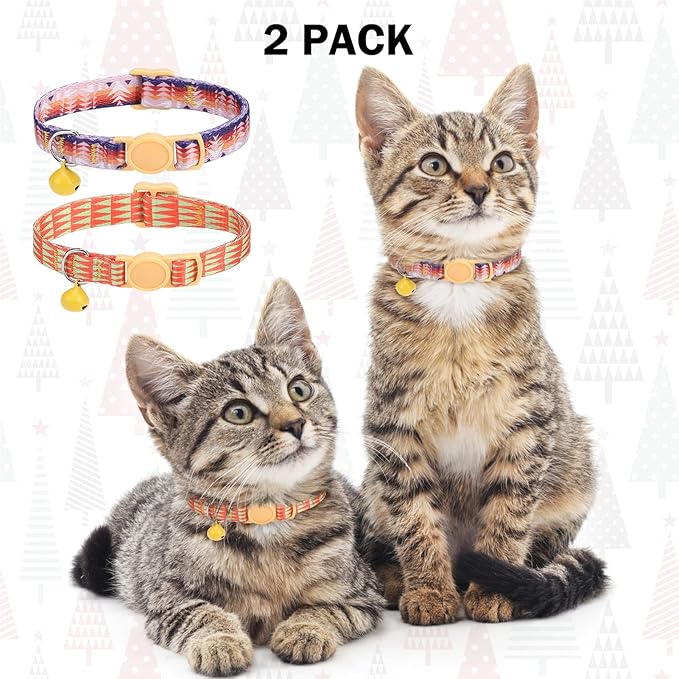 Breakaway Cat Collars for Girl Boy Cats, Spring Summer All Weather Cat Collar Personalized Pattern 2 Pack,Cute Classic Safety Buckles and Bells,Adjustable Printed Nylon Colorful Kitten Collar