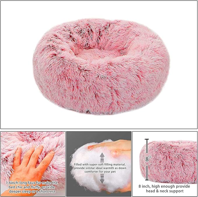 Calming Dog Bed X-Large, Soft Round Cuddler Dog Beds Fluffy Plush Faux Fur Pet Beds, Anit-Anxiety Self-Warming Comfy (32", Dark Pink)