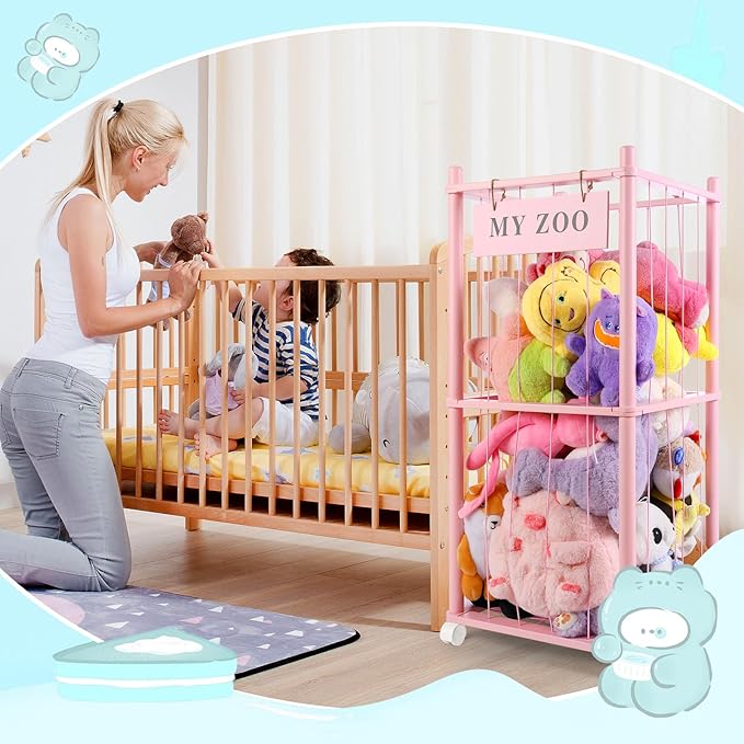 Stuffed Animal Storage Zoo with Wheels, Wooden Stuffed Animal Organizer with Elastic Cords, Space Saving Toy Plushies Storage Holder for Playroom, Bedroom, Living Room(Pink, Small)