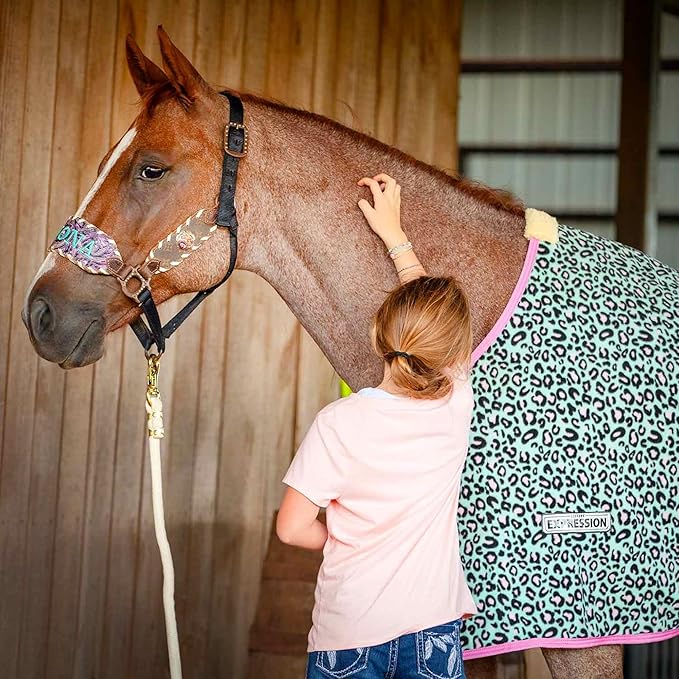 Jeffers Expression Fleece Cooler for Horses, Standard Neck, Party Cheetah 81"- Equine Towel Blanket, Moisture Absorbent, Light Weight, Best for Drying, Exercise, Bathing, Adjustable Belly Bands