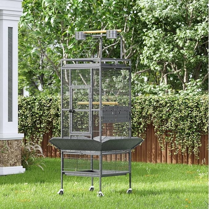 61" Cockatiel Cage, Flight Cage with Rolling Stand, Play Top & Bowls - Metal Large Bird Cages for Parakeets, Conures, Parrots - Exploding Silver
