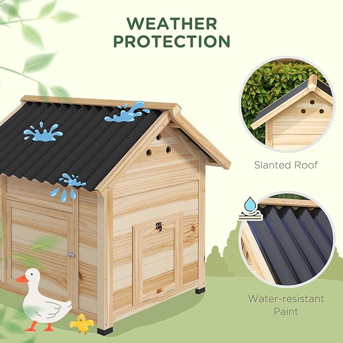 PawHut Duck Coop, Wooden Chicken Coop, Duck House with Openable Roof, Double Doors, Removable Base for 1-3 Ducks, Chickens, 31" L, Natural Wood