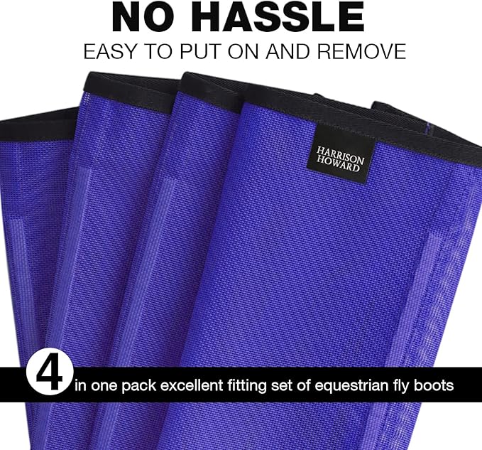 Harrison Howard Loose Fitting Fly Boots UV-Protective Extra Tough Mesh Ventilated Four Fasteners Stay-on Design Protect Horse Legs & Stomp-Reducing Set of 4 Deep Navy Large
