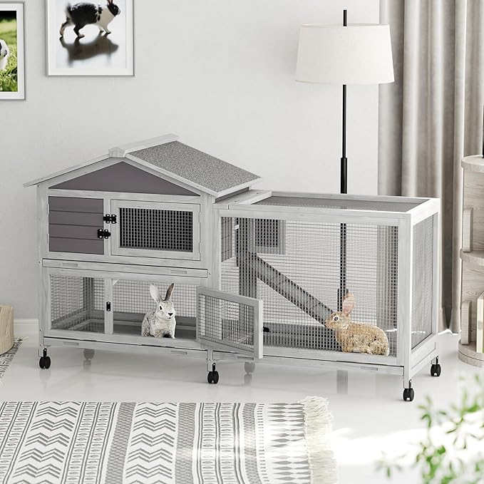 Rabbit Cage with Ramp & Waterproof Roof, Bunny Hutch for Indoor/Outdoor, 2-Story Design, Rabbit Hutch with 6 Lockable Caster Wheels & Three Pull-Out Trays（63.2" l x 22.4" w x 37"）