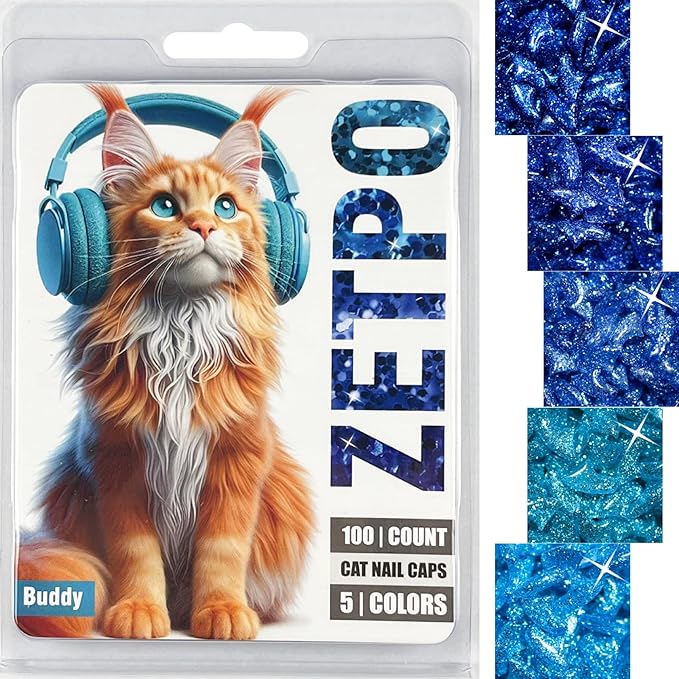 zetpo 100 pcs Cat Nail Caps | Cat Claw Covers | with Adhesives and Applicators (XS, 5X Blue Glitter Shades)