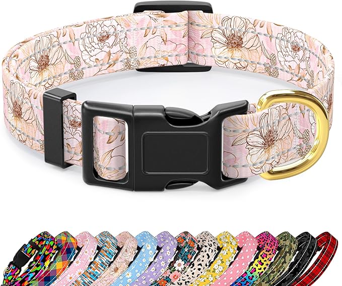 Reflective Dog Collar for Large Dogs, Cute Flower Theme Adjustable Heavy-Duty Nylon Puppy Collar for Boy and Girl Female, Soft Pet Accessories with Quick Release Buckle, Neck 16-24", Pink