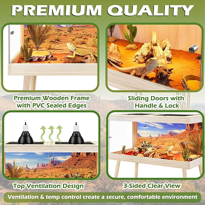 ROYXEN Bearded Dragon Tank with Leg Stand,Tempered Glass Reptile Tank with Metal Mesh Top, 3-Side Clear Anti-Scratch Glass Lizard Tank,Snake Tank for Reptile Habitat (Oak, 62Gallons,40" Length)