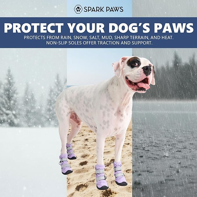 Spark Paws Dog Shoes, Waterproof Dog Boots for Medium to Large Dogs, Non Slip, Breathable Dog Booties and Paw Protectors - 4PCS Doggie Hiking Boots with Reflective Straps - Lilac - Size 2