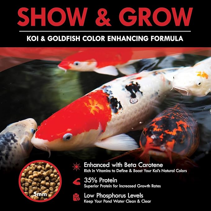HALF OFF PONDS Show & Grow Koi Fish Food - 5 lb Floating Pellets, 5mm Size - Goldfish Food for Ponds - 35% Protein with Beta Carotene & Vitamins - Enhances Color Vibrancy & Body Definition