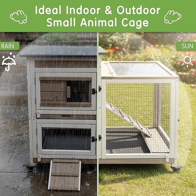 Rabbit Hutch Indoor Outdoor Wooden Bunny Cage with Wheels Removable Two Trays Guinea Pig Cages Waterproof Roof