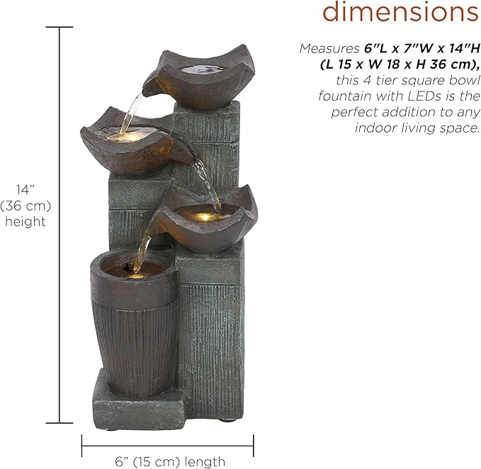 Alpine Corporation TZL414 14" 4 Tier Squared Bowls Fountain with LED Lights, Elegant Tabletop Water Feature for Home, Office, Living Room, Bedroom & Desk Decor, Gray
