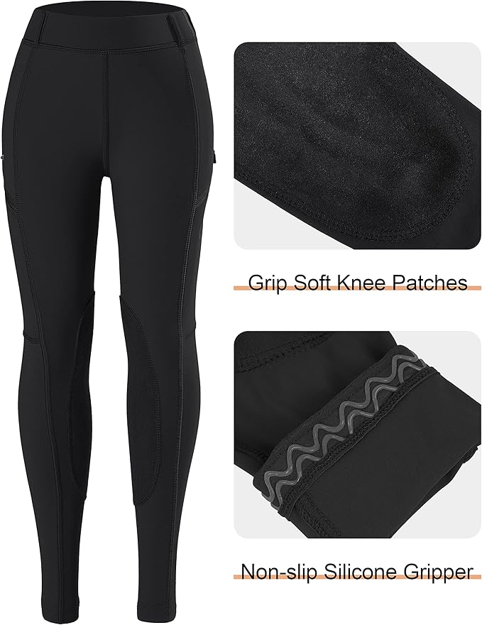 SANTINY Girls Horse Riding Pants with Zipper Pockets Kids Stretchy Equestrian Breeches Knee-Patch Youth Schooling Tights