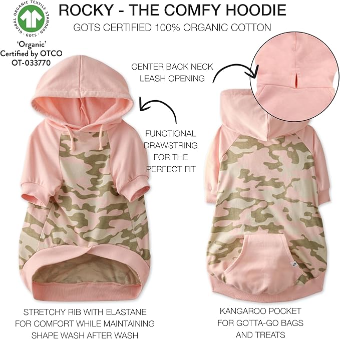 Rocky – The Orginal Lightweight Hooded TEE 100% Organic Cotton Dog Hoodie Pet Coat Sweater for Small, Medium, Large Dogs, Pink Half Camo, Medium