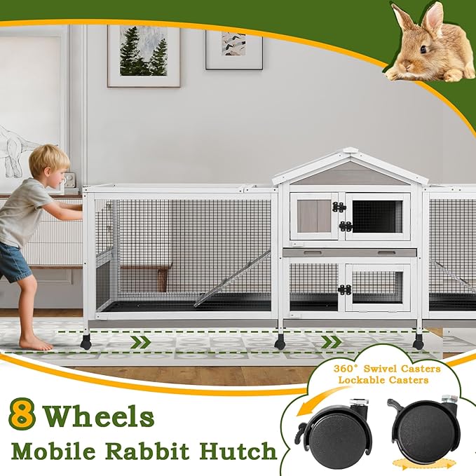 PetsCosset Double Rabbit Hutch Outdoor Indoor Large Bunny Cage with Dual Side Runs, 2-Story Wooden Hutch with 4 Leak Proof Trays, 8 Wheels, Waterproof Roof, Ramp, for Small to Medium Animals