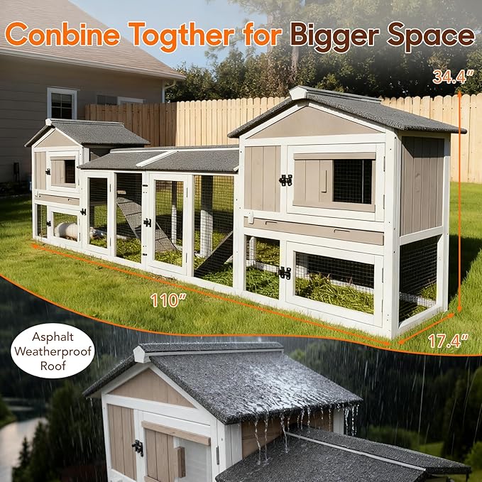 Rabbit Hutch 2-Story Bunny Cage with Chew-Proof Ramp Slide for Indoor Outdoor Guinea Pig Cage with Cleaning Tray & Waterproof Roof for Small Bunny Rabbit Chicken