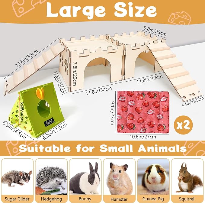 2PCS Guinea Pig Hideout,Large Wooden Guinea Pigs House with Stairs and Mats,Detachable Guinea Pig Castle Hide for Small Animals Hamster Chinchilla Ferret Habitats Accessories