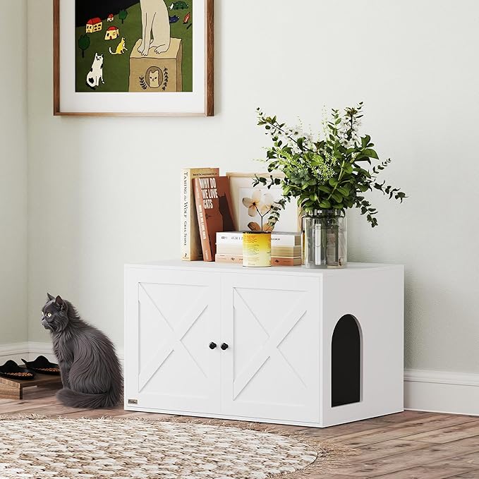 PawHut Cat Litter Box Enclosure, Hidden Litter Box Furniture with Barn Door, Cat Hole, Indoor Pet House Washroom, End Side Table, 31.5" x 21" x 20", White