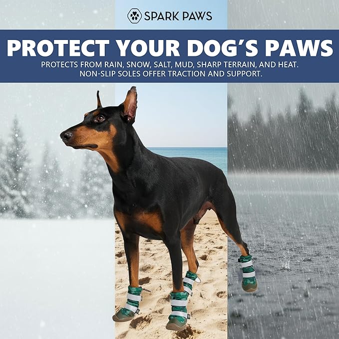 Spark Paws Dog Shoes, Waterproof Dog Boots for Medium to Large Dogs, Non Slip, Breathable Dog Booties and Paw Protectors - 4PCS Doggie Hiking Boots with Reflective Straps, Green Camo, Size 6
