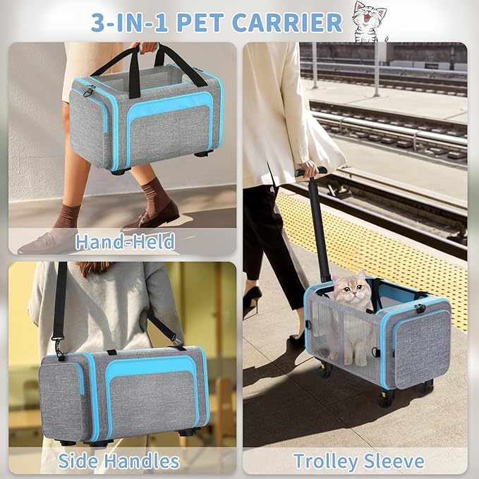 Pet Carrier with Detachable Wheels, TSA Airline Approved Rolling Cat Carrier for Small Dogs and Cats up to 15Lbs, Sturdy Frame & Smooth 360° Wheels for Travel & Vet - 18" L x 11" W x 11"