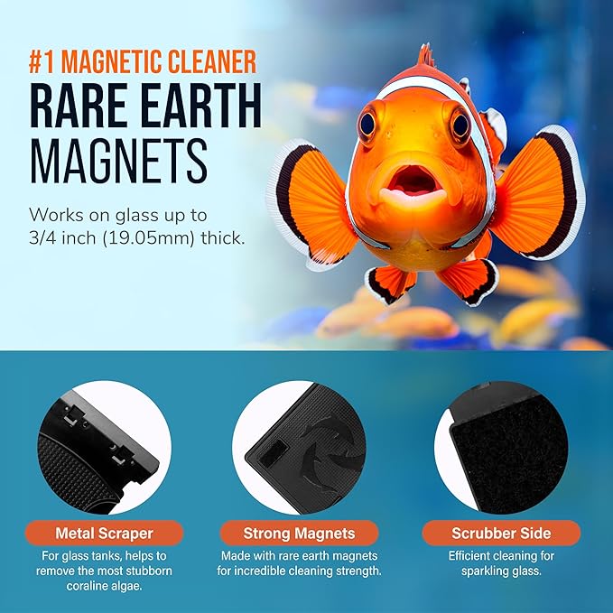 FLIPPER Max Magnetic Aquarium Cleaner – 2-in-1 Flip Scrubber and Scraper, Floating Design for Cleaning Hard-to-Reach Algae and Debris on Glass and Acrylic Tanks up to 3/4"