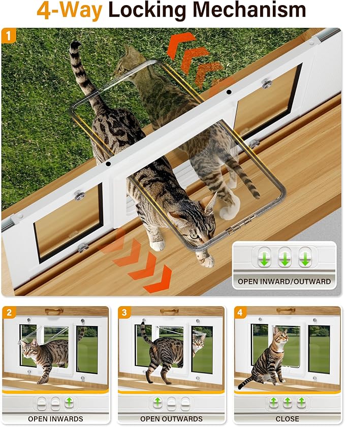Cat Door for Window Weatherproof: Aluminum Frame Flap Pet Door Quick Fit Window Insert - Easy Adjustable to Fit Windows Width 23"-28" - 4 Secure Lock Modes with Magnetic Closure for Cats Doggy