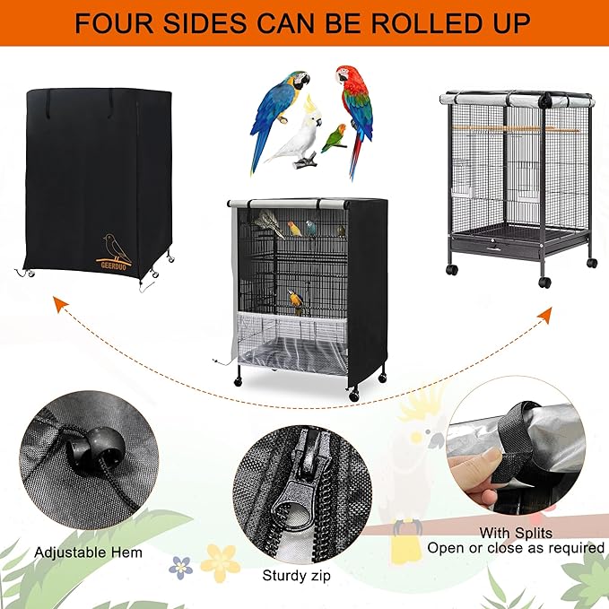 Bird Cage Cover, 600D Universal Pet Cage Cover for Night,100% Shading Oxford Cloth with PU Coating Layer, Adjustable Soft Airy Nylon Mesh Net
