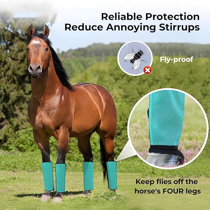 Mesh Horse Fly Boots Set of 4，Adjustable and Universal Loose Fitting & Non-Slip Horse Fly Leggings for Horses,Reduce Stressful Stomping (Green)
