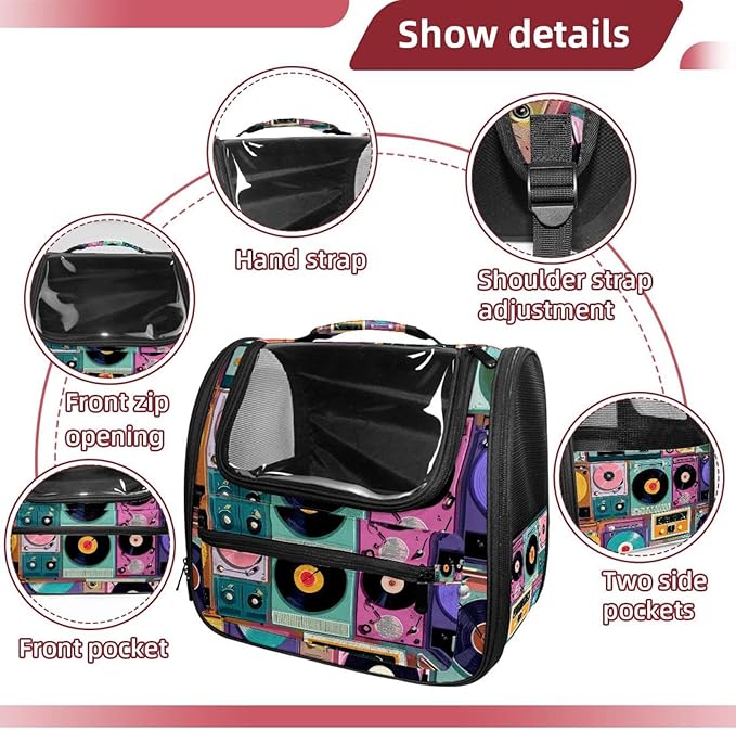 Color Record Player Pattern (3) Cat Backpack Carrier Pet Backpack Carrier for Small Dogs and Medium cat Puppy Kitten Bunny