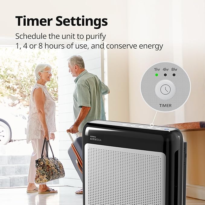 COWAY Air Purifiers for Home Up to 1,748 ft², HEPA Filter for Smoke, Allergies, Pet Dander, Odor, Air Quality Monitor, Auto & Eco Mode, Timer, Filter Indicator, 3yr Warranty, Airmega 200M Black