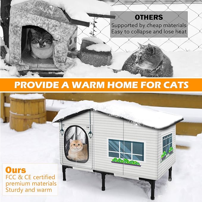 GASUR Weatherproof Heated Cat House for Outdoor Cats, Insulated Heating Cat House with Heated Pad for Winter, Elevated Heat Cat Shelter Waterproof Safe Feral Outside Pet House for Cats(20"x17"x16")