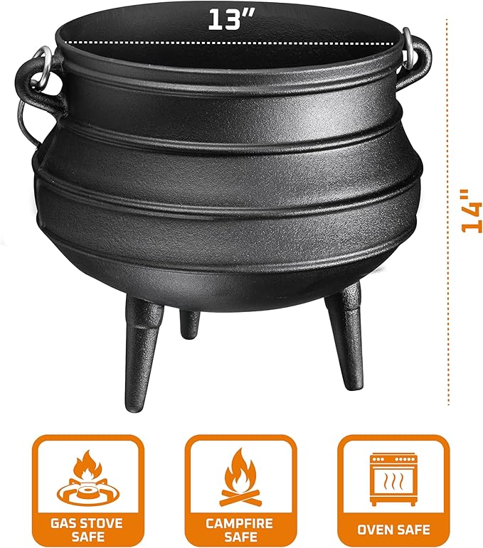 Bruntmor 8-Quart Pre-Seasoned Cast Iron Cauldron - African Potjie Pot with Lid - 3-Legged Pot for Even Heat Distribution - Outdoor Cast Iron Dutch Oven Cookware for Campfire Cooking and Boiling