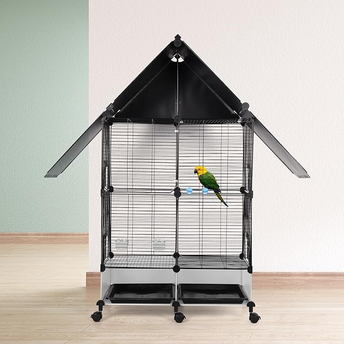 House Shape Bird Cage with Rolling Stand - Large 2 Tier Iron Bird Cage with Lock, Spacious Flight Habitat for Parakeets & Cockatiels, Easy Mobility Safe Home for Small Birds