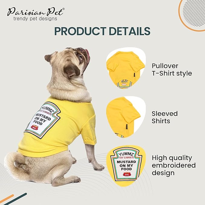 Parisian Pet Dog Shirt - Embroidered “Mustard on My Food“ - 100% Cotton and Polyester Dog Clothes - Sleeved, Lightweight Costume for Dogs - Yellow Dog Shirts for Medium-Sized Dogs - Pet Costumes - M