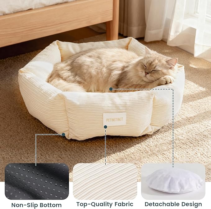 Cat Bed, Washable Orthopedic Cat Beds for Indoor Cats, Soft Donut Calming Pet Bed for Puppy and Kitten with Anti Slip Bottom, Small Dog Bed, 21.7x21.7x5.9 in, Cream White