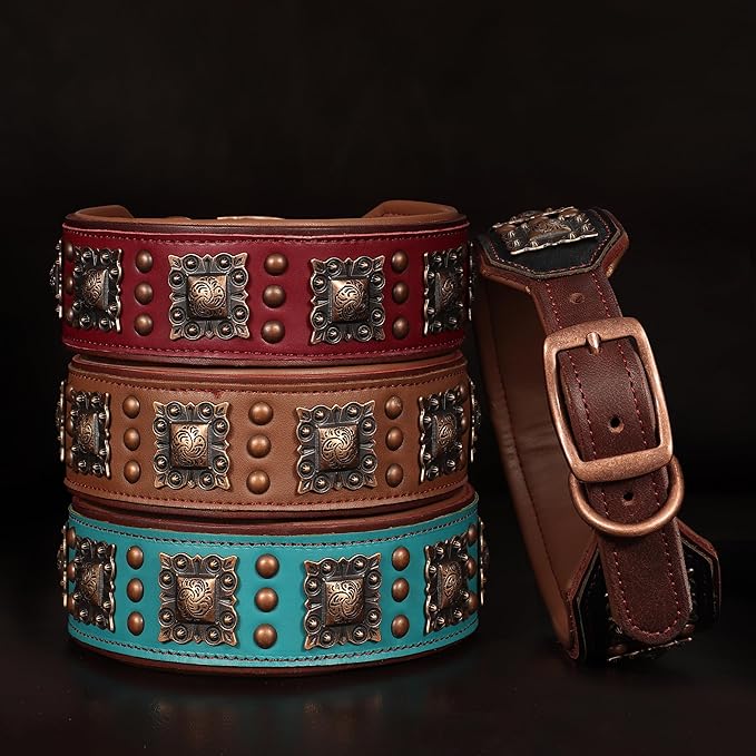PET ARTIST Upgrade Padded Leather Dog Collar, 2 inch Wide Genuine Leather Dog Collars with Strong Studded Rivet & Metal Buckle, Adjustable Large Dog Collar for Pit Bull Doberman,Red,Neck 19-22"