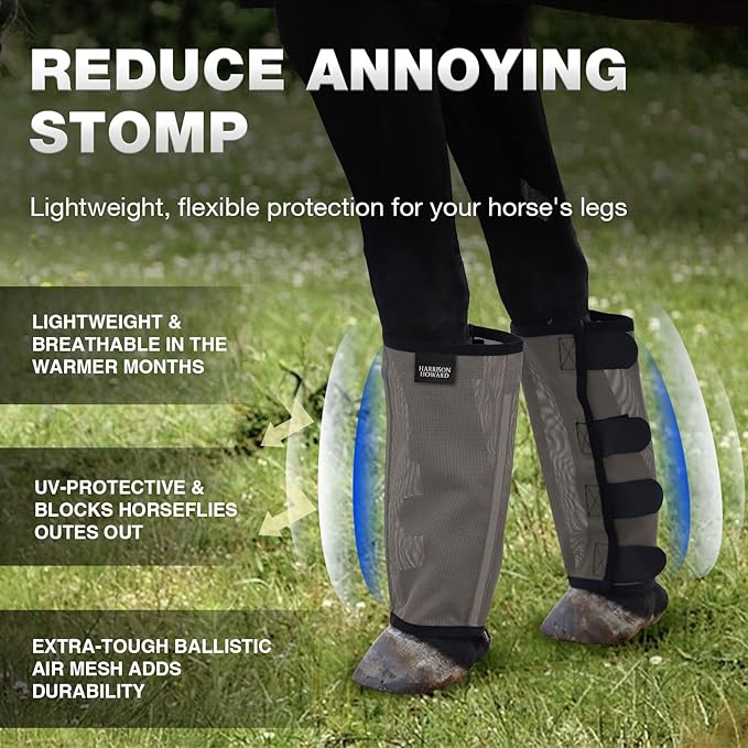 Harrison Howard Loose Fitting Fly Boots UV-Protective Extra Tough Mesh Ventilated Four Fasteners Stay-on Design Protect Horse Legs & Stomp-Reducing Set of 4 Dark Grey Medium