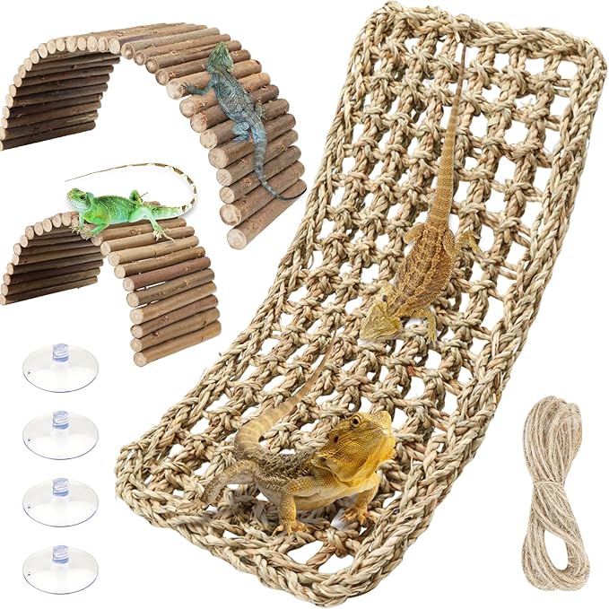 Bearded Dragon Tank Accessories, 3pack Reptile Habitat Hammock Natural Seagrass and Natural Wood Bendable Bridge for Climbing, Hermit Crab, Lizard, Mice, Spiders, Turtle, Snake