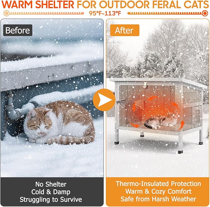 PetsCosset Insulated Cat House Outdoor Weatherproof Feral Cat Shelter for Winter, All-Round Foam Insulation Wooden Pet House for Outdoor Cat with Raised Base, Openable Roof (30.7"L x 21.7"W x 25.6"H)